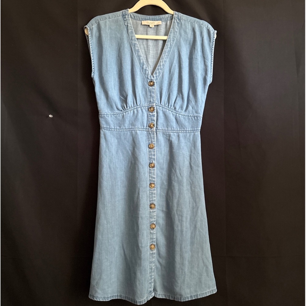 LOFT Chambray Dress 2 Blue Coastal Linen Denim Blend Button Front Cottagecore